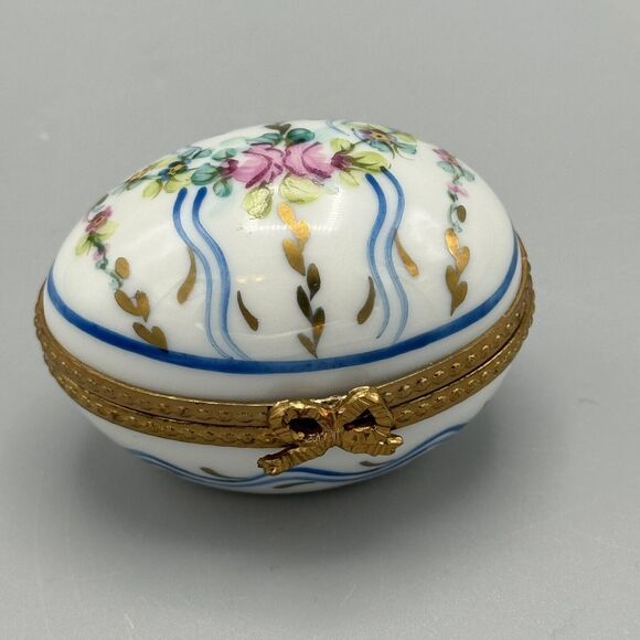 Vtg Limoges France Egg Shaped Hinged Trinket Box Floral Ribbon Thimble Inside - Picture 1 of 10